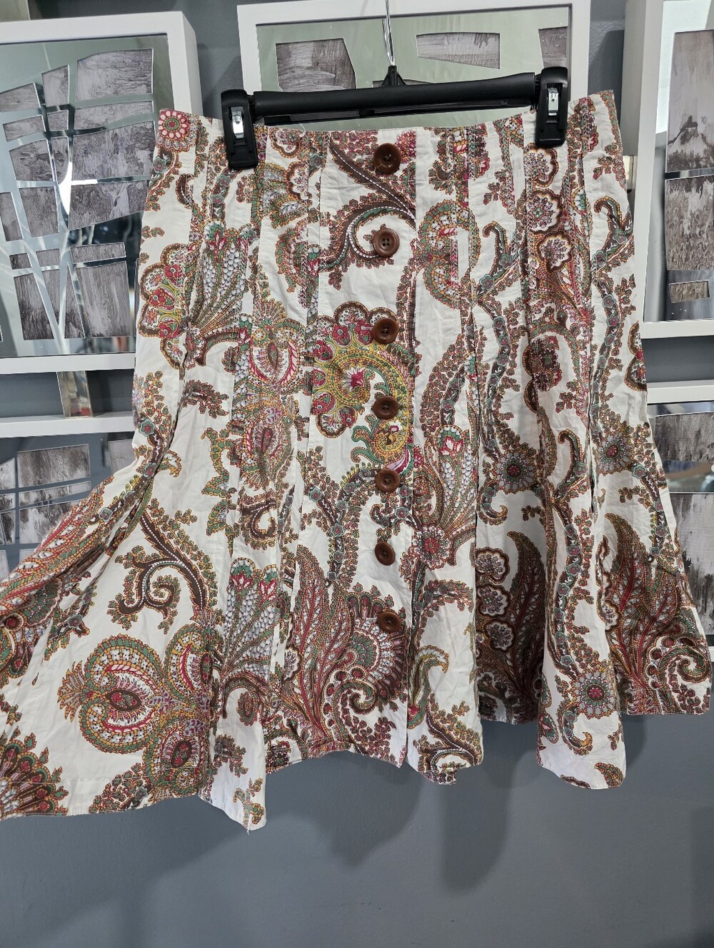 CAbi Button-Front Paisley Skater Skirt in White with Multi-Color Print
